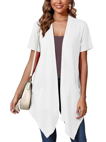 Image of Women's Lightweight Open Front Cardigans Short Sleeve Casual Soft Sheer Cardigan S-2XL with Pockets