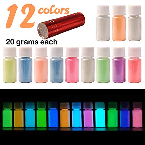 12 Color Glow in The Dark Pigment Powder with UV Lamp, Luminous Powder Non-Toxic Skin Safe Long Lasting for Epoxy Resin Paints, Acrylic Paint, Resin Crafts, Music Festivals/Theme Party/Halloween