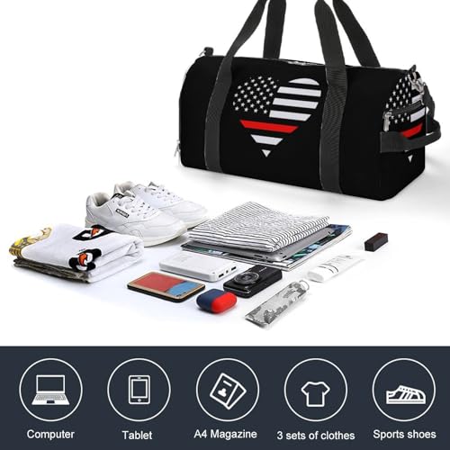 U.S. Firefighter Flag Heart Funny Gym Bag Travel Tote Bag Duffel Bag with Shoe Compartment for Weekender Sports Vacation4