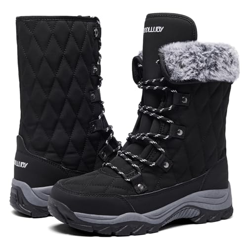Women Snow Boots Lace up with Waterproof Warm Fur Lined Mid-Calf Outdoor Winter Boots Cold Weather Comfortable Boots for Women Size 6-11