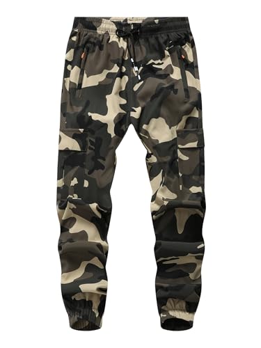 WaltZon Boys Cargo Joggers Pants Youth Quick Dry Hiking Pull-On Lightweight Pants for Sports Outdoor with Zipper Pockets(3801-Camo Khaki14)