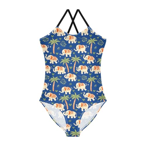 senya Girls Swimsuits One-Piece Swimwear Tie Bathing Suit Beach Summer Round Neck 9-10T Elephants with Palm Trees Pattern