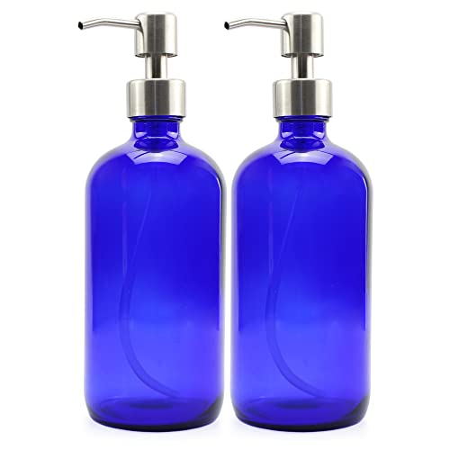 Cornucopia Brands 16-Ounce Cobalt Blue Glass Bottles w/Stainless Steel Pumps (2-Pack), Soap Dispenser w/Lotion Pumps for Essential Oils, Lotions, Liquid Soap