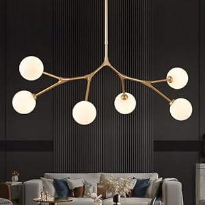 Modern 6 Lights Sputnik Chandelier for Dining Room L45’’ Gold Pendant Light Fixture with Milk Glass Shade Large Mid Century Chandelier for Kitchen Island Bedroom Living Room