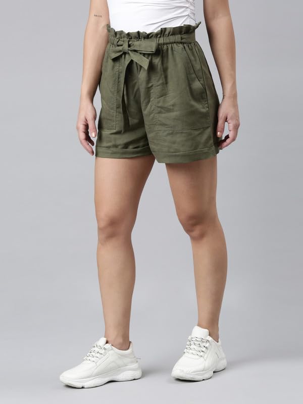 Image of GO COLORS Women Solid High Rise Relaxed Fit Linen Shorts