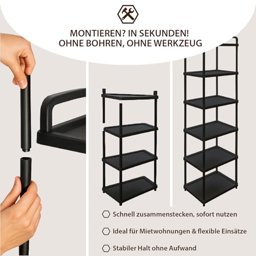 ABBAware Standregal mit 6 Ebenen - 40 x 30 x 135 cm Kunststoff schwarz - schmales Regal für Küche, Bad, Keller & Abstellraum - Badezimmerregal & Kellerregal ohne Bohren - schmales Regal
