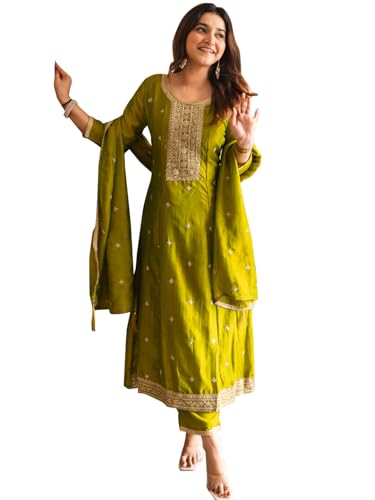 Image of VredeVogel Women's Silk Blend Embroidered Anarkali Kurta with Pant & Dupatta Set | Festive & Casual Women Ethnic Kurta Set for Women
