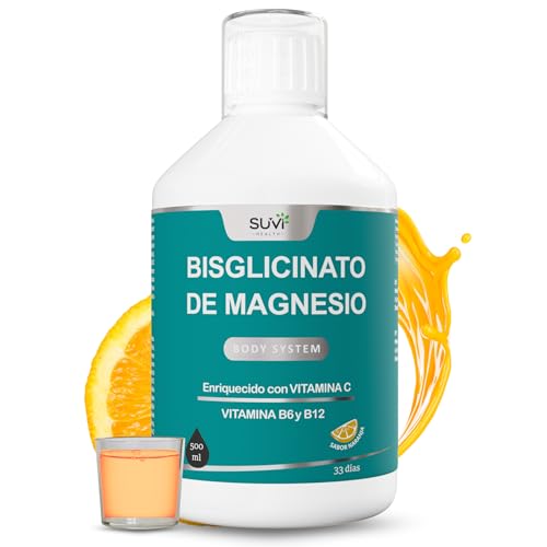 Magnesio Glicinato (Magnesium Glycinate) con Vitamina C, B6 y B12 - Bisciglinato de Magnesio Alta Absorción 100% VRN - Reduce Cansancio y Fatiga, Fortalece Huesos y Sistema Nervioso - 33 Días - 500ml
