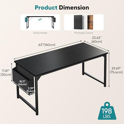 Image of OLIXIS Computer Desk, 63 Inch Gaming Desks for Home Office Small Spaces | Writing Study Craft Work Table, Computer Workstation for Bedroom with Storage Bag, Black