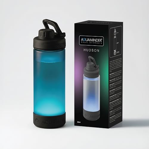 Image of Aquaminder Smart Water Bottle Glows & Beeps to Remind You to Drink More 600 ml Chug Cap Bottle For Adults and Kids Perfect for Secret Santa Gift & Birthday Gift, Travel, Gym, Yoga, Hudson (Pack of 4)