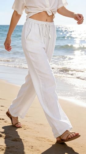 Image of CHARTOU Women's Summer Drawstring Waist Wide Leg Loose Cotton Linen Palazzo Pants