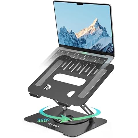 ULT-WIIQ Adjustable Laptop Stand for Desk Swivel Laptop Stand with 360 Rotating Base Ergonomic Foldable Aluminum Metal Portable Laptop Table Stand for MacBook Dell HP Lenovo 11-17.3 inch Black Cover