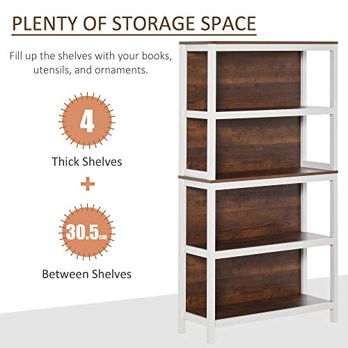 Homcom Shelves For Storage, 4 Tier Bookshelf Utility Organizer With Back Support And Anti-Topple Design, Walnut/White #TOP4