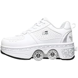 Botas Patines Velocidad SCDXJ Patín En Línea, Zapatos Multiusos 2 En 1, Botas De Patín De Cuatro Ruedas Ajustables, Deformación Patines ?Cuatro Ruedas Patines Patinaje Al Aire Libre para Adultos,White-EUR38