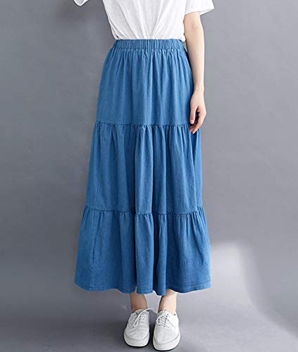 Femiserah Women's Elastic Waist Denim Tiered Skirt Long Prairie Skirts2