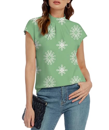 Image of Funlingo Womens Summer Tops Mock Neck Short Cap Sleeve Blouses Business Casual Work Chiffon Shirts Front Pleated Tunic Top