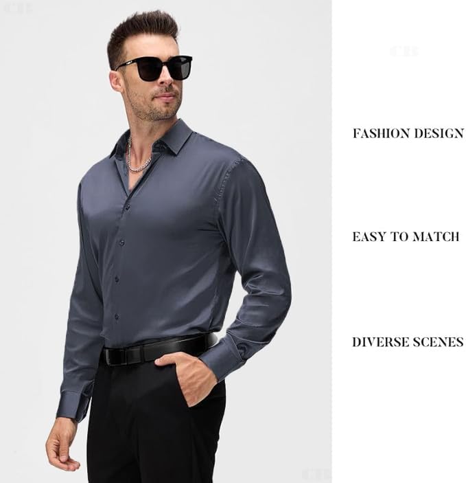 Image of CB-COLEBROOK Mens Stylish Solid Silk Satin Casual Dress Shirts for Men Shiny Long Sleeve Button Down Shirt Party Prom Wedding Shirt for Mens