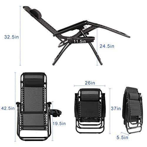 Vnewone Zero Gravity Patio Folding Anti Reclining Lounge Deck Foldable Yard with Pillow and Cup Holder, Black