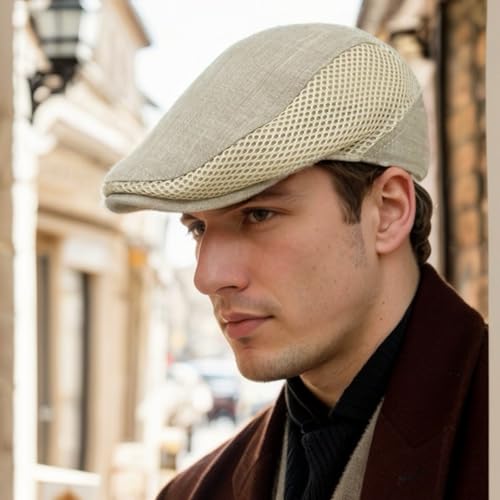 Image of Men's Cotton-Hemp Blend Newsboy Cap - Lightweight Summer Flat Cap for Driving & Outdoor Style
