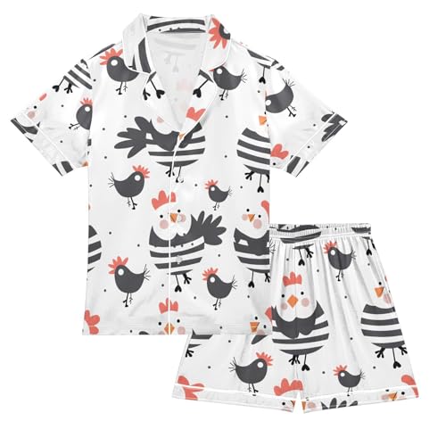 ALAZA Cute Chicken Polka Dot Pajamas Satin Pajama Set Short Sleeve Button Down Sleepwear