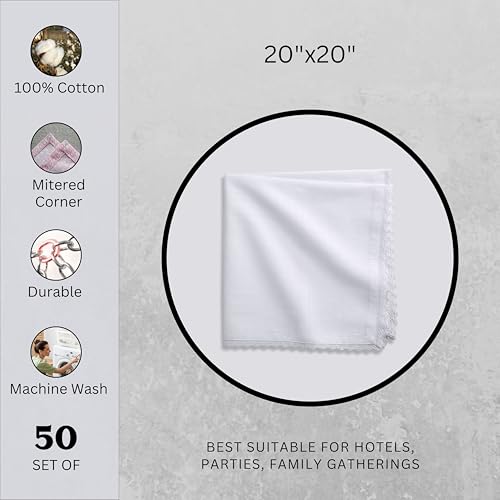 Image of FINGERCRAFT Cloth Napkins Set of 50, 20x20 Inch 100% Cotton Fabric Napkins with Decorative Trim Lace Edge, Mitered Corners, Reusable Washable Dinner Table Napkins for Weddings, Banquets (White)