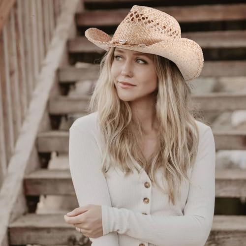 Image of Men's Cowboy Hats Summer Women Beach Cowgirl Hat Raffia Unisex Western Sun Hat