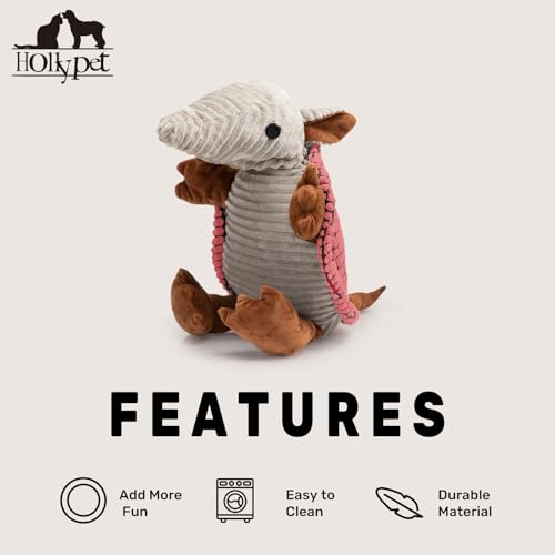 Image of Hollypet Plush Dog Squeaky Toy Stuffed Armadillo Animal Pet Puppy Chew Toys with Clean Teeth for Small Medium Large All Breed Sizes Dogs, Bright Pink, 14 in