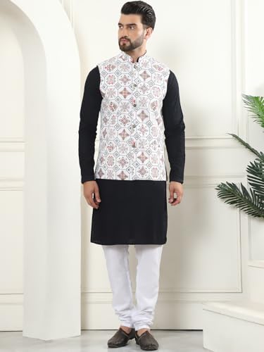 Image of SOJANYA (Since 1958 Men's Cotton Linen Maroon Kurta and White Pyjama with Mustard Cotton Nehru Jacket