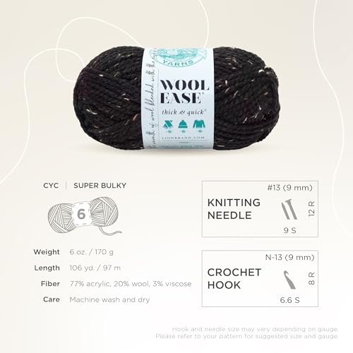 Image of Lion Brand Yarn Wool-Ease Thick & Quick Yarn, Soft and Bulky Yarn for Knitting, Crocheting, and Crafting, 1 Skein, Obsidian | Super Bulky Wool Acrylic Blend Fiber for Soft Hats, Sweaters, Chunky Blankets, Yarn for Crochet, Knitting, Crafts, Weaving