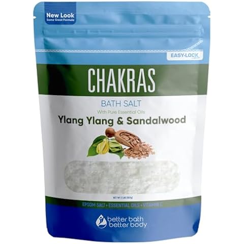 Chakras Bath Salt 32 Ounces Epsom Salt with Natural Ylang Ylang, Sandalwood, Eucalyptus, Frankincense, Chamomile and Cinnamon Essential Oils Plus Vitamin C in BPA Free Pouch with Easy Press-Lock Seal Cover