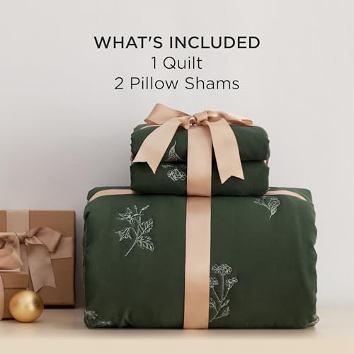 Image of Bedsure Botanical Floral Quilt King Size for Modern Farmhouse Decor, Luxurious Summer Bedding Set, Super Soft Bedspread King Size, Lightweight Comforter with 2 Pillow Shams, Olive Green, 106x96 Inch