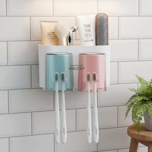 Image of Srxes Wall Mounted Toothbrush Holder, Bathroom Toothbrush Organizer with Mouthwash Cups, Brush Holder for Bathroom Wall Mounted, Tooth Brush Holder Bathroom, Toothbrush Holders for Bathroom Wall