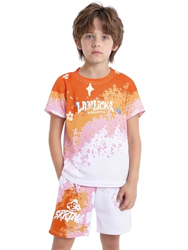 TiaoBug Boys Athletic Shorts Shirt Set Kids Breathable Summer Clothes Raglan Sleeve T-shirt and Shorts Set Orange 13-14 Years