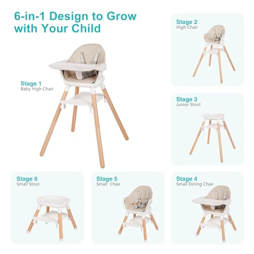 Image of High Chair, 6 in 1 Wooden Convertible High Chairs for Babies and Toddlers, Booster Seat with Double Tray & Reversible Footrest Baby Highchair, 5-Point Harness Baby Feeding Chair, Beige