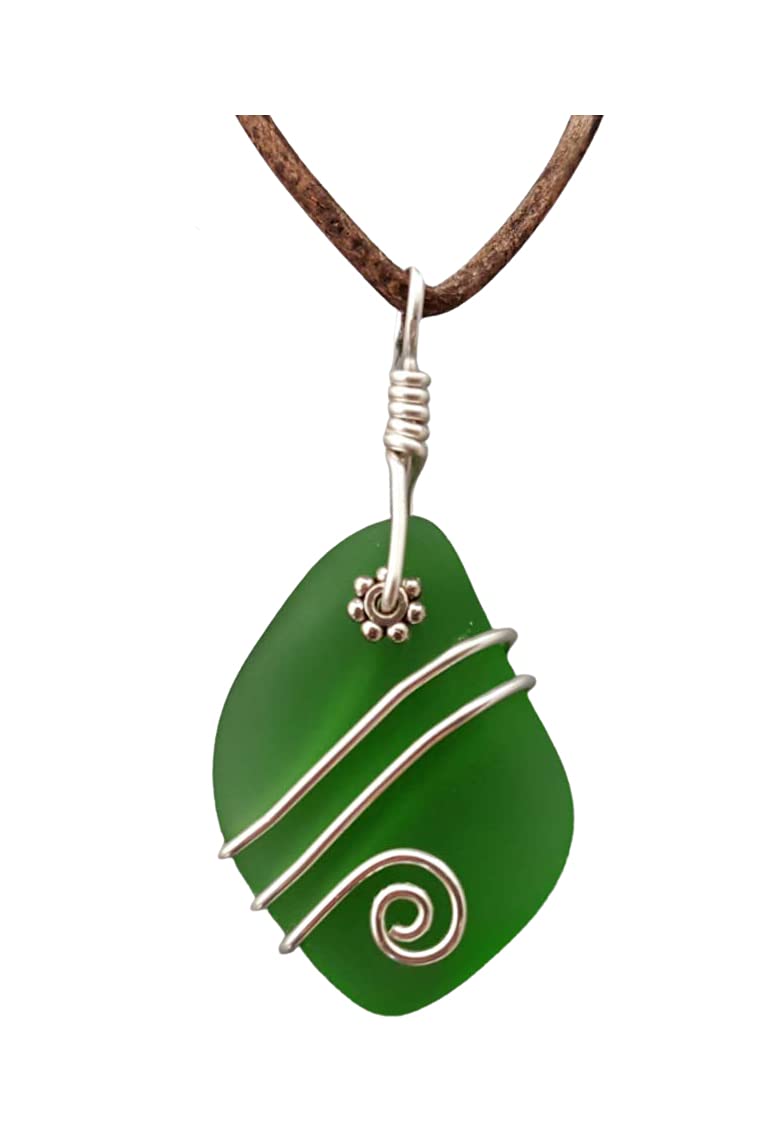Yinahawaii Hawaii Handmade Necklace, Hawaiian Jewelry, Leather Cord Necklace, Unisex Ocean Jewelry, Wire Wrapped Unique Jewelry, Sea Glass Jewelry Birthday Gift (May Birthstone - Emerald Green)