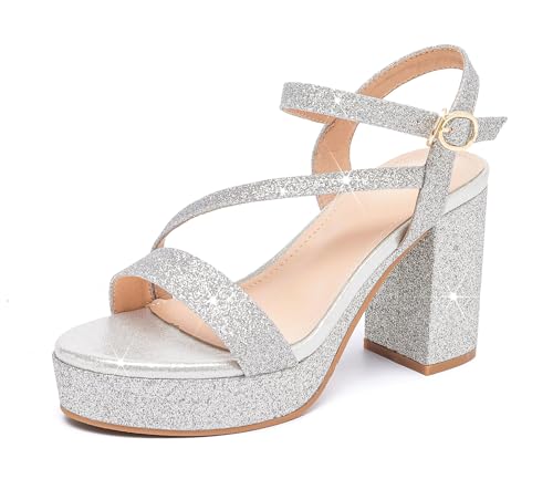 kkdom Platform Heels for Women Strappy Block Chunky High Heels Open Toe Fashion Party Evening Prom Wedding Ankle Buckle Dress Pump Sandals Shoes