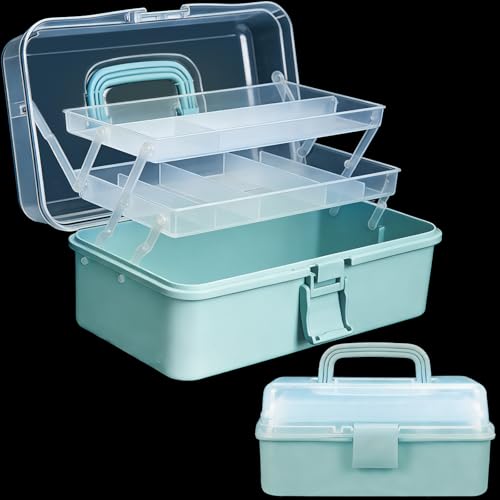 Image of DUOFIRE 13in 3-Layer Foldable Craft Organizers and Storage, Multipurpose Sewing Box, Portable Handled Plastic Tool Box Organizer, Craft Organizer for Sewing, Tools, Tackle or Art Supplies (Blue)