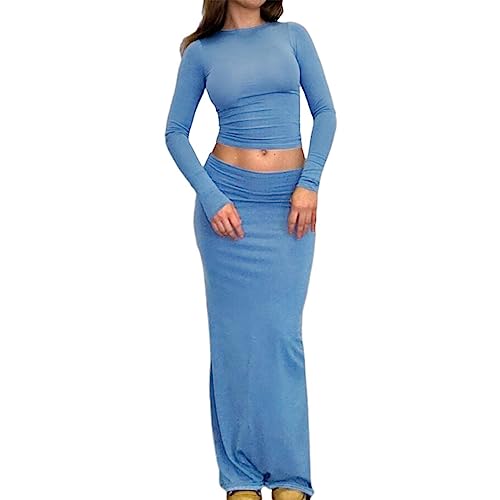 Womens 2 Piece Outfits Y2K Skirt Sets Long Sleeve Crop Tops Bodycon Maxi Skirts Fall Set Suits Streetwear
