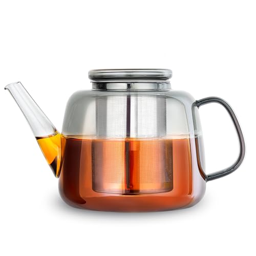 Easyworkz Borosilicate Glass Teapot 50oz with Large Stainless Steel Removable Loose Tea Infuser for Fruit Herbal and Infusion, Smoke Grey