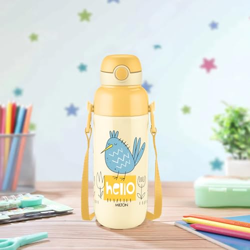 Image of Milton Steel Indus 600 Thermoware PU Insulated, 500 ml Water Bottle with Straw for Kids, Leak Proof Flip Top Sipper Lid Bottle, School, Picnic, Easy to Carry Belt, Cream
