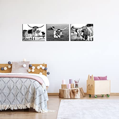Nachic Wall 3 Pieces Animal Canvas Wall Art Black And White Texas Longhorn Pictures Highland Cattle Canvas Painting Prints For Living Room Farmhouse Cabin Decor #TOP3