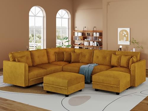 Image of LLappuil Modular Storage Sectional Sofa with Ottoman, U Shaped 8-Seat Corduroy Couch with 7 Throw Pillows, Convertible Sofa Set for Living Room, Skin-Friendly & Soft, Scratch Resistant, Yellow