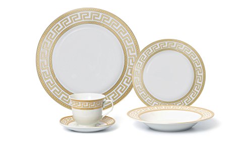 Royalty Porcelain 20-Piece Old-Fashioned White Gold-plated Dinnerware Set w/ Greek Pattern, Service for 4