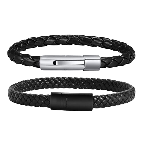 TempBeau Armband Herren Leder Schwarz : 2Pcs Lederarmband Set 19cm Echtes Leder Geflochten Mode-schmuck Armbänder für Männer Papa Tolle Geschenkidee