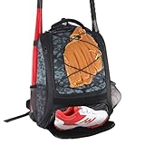 WOLT | Youth Baseball Bag - Backpack for T-Ball & Softball Equipment & Gear, Bat & Glove Holder, Large Main Compartment for Helmet & accessories, Separate Shoes Compartment, Fence Hook (CamoGrey)