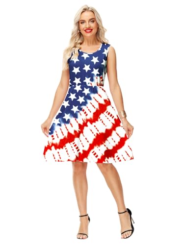 Image of Deerose 4th of July Dress for Women Sleeveless American Flag Patriotic Elastic High Waist Sundress