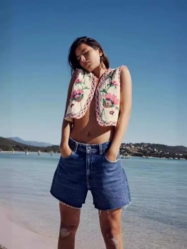 Women's Floral Embroidered Vest Boho Vintage Linen Vest Y2k Sleeveless 2024 Summer Waistcoat Top3