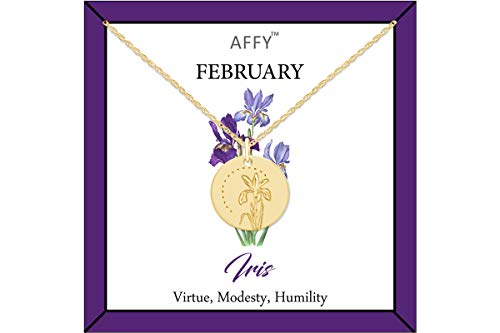 AFFY February Birth Month Iris Flower Disc Pendant Necklace 18K YG Plated