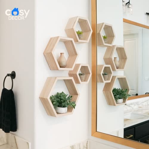 Hexagon Shelves Natural Premium Wood Floating Shelves Set Of 4 Wall Shelf For Bedroom, Office, Living Room & Bathroom – Farmhouse Wall Décor - Decorative Wooden Honeycomb Shelves With Alignment Tool #TOP3