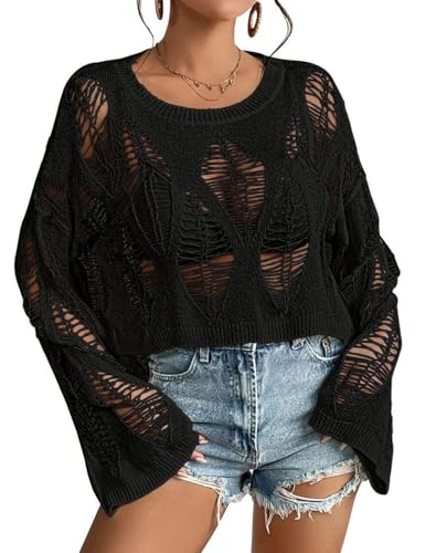 Womens Gothic Short Sweaters Oversized Punk Goth Sweater Long Bell Sleeve Knitting Crop Tops US Size S-XL